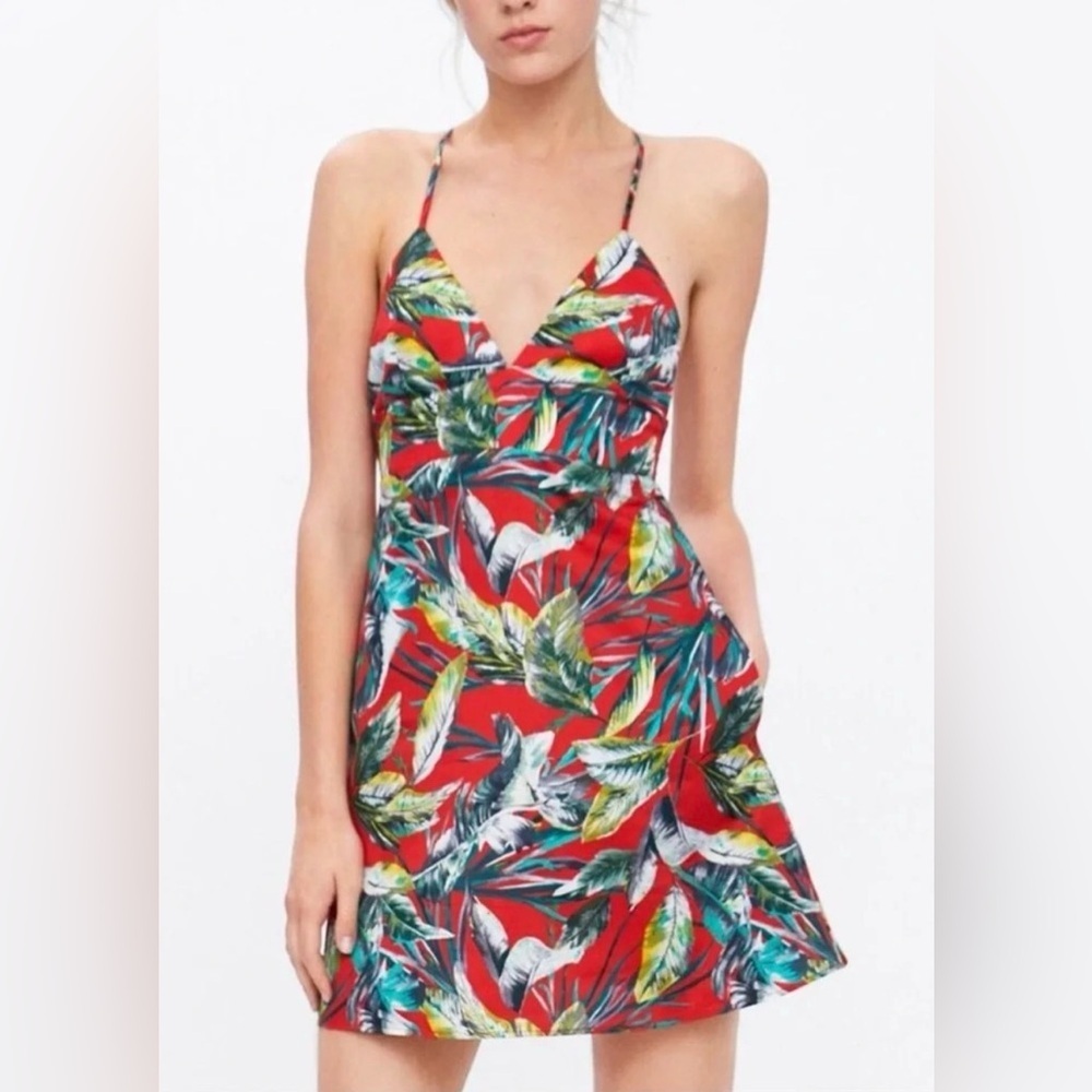 Zara red tropical prnt spag strp mini drss SZ M beach coastal hawaiian